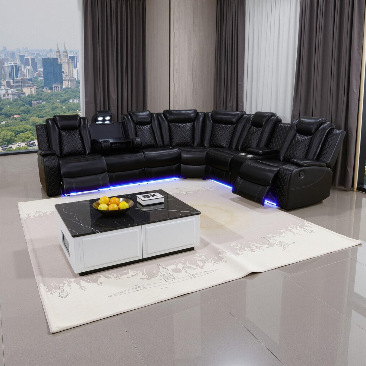 GEBADOL Power Recliner Sectional Sofa with LED, Black Leather Reclining Sectional Couch, Air Leather Sofa Couch with USB Port&Cup Holder for Living Room/Apartment/Office GEBADOL