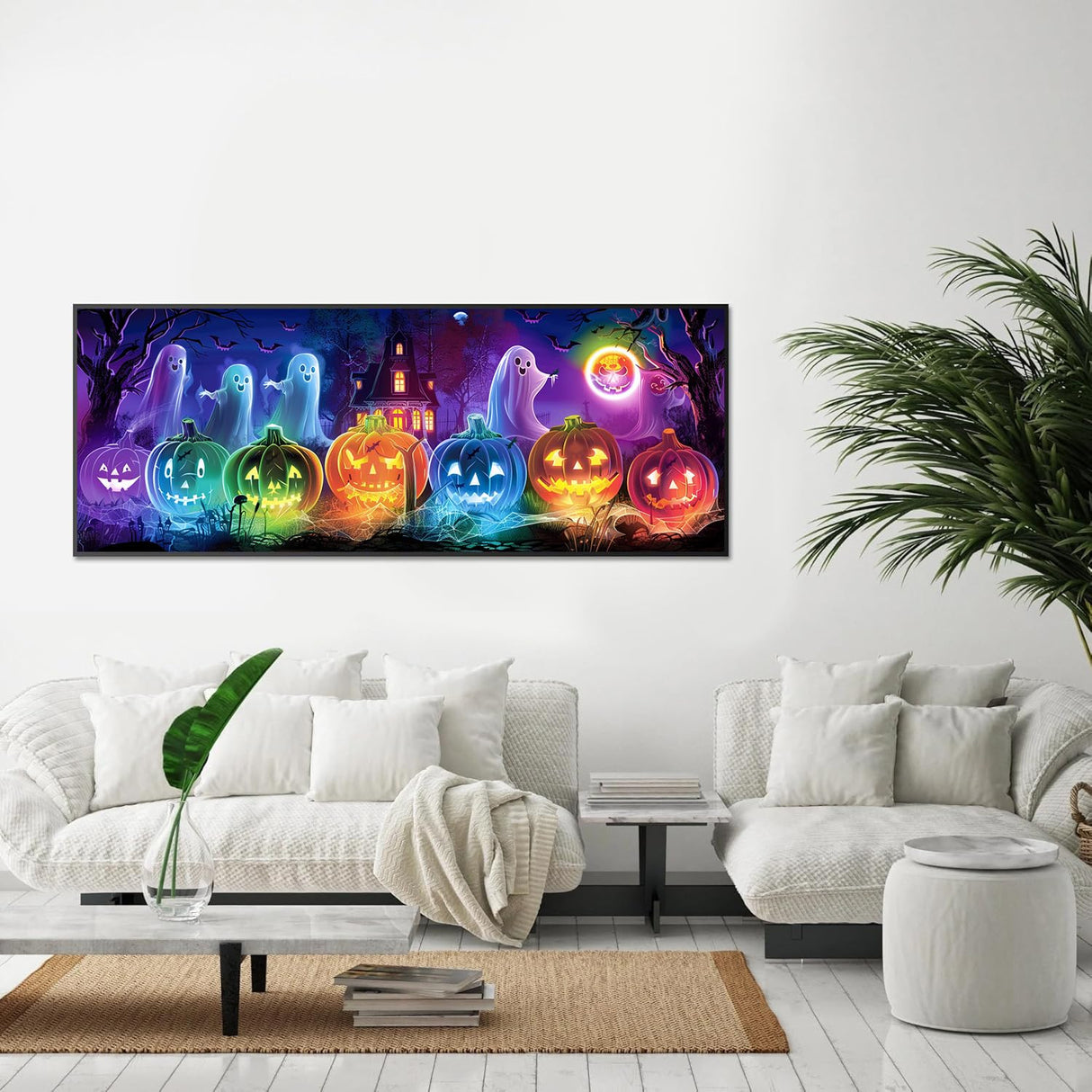 Zariocy 5D Large Diamond Art Kits for Adults Glowing Pumpkin, Diamond Painting Art Halloween Round Full Drill Crystal Diamond Embroidery Paintings Arts Craft for Home Office Wall Decor 31.5x11.81 inch Zariocy