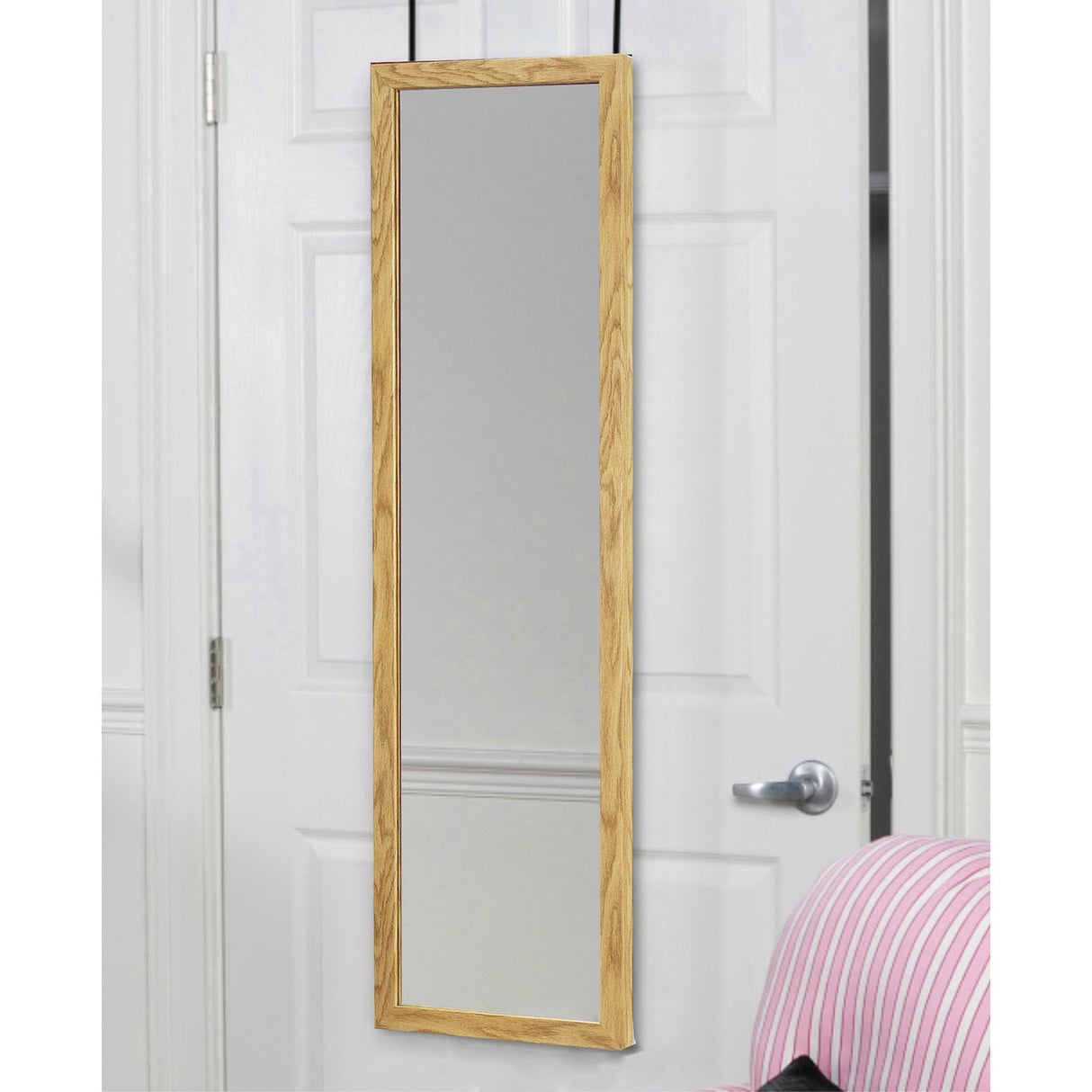 Mirrotek - Full Length Adjustable Over The Door Mirror White Wood Finish Hanging Instant Install Long Body for Bedroom, Dorm Room, 14" x 48" Mirrotek