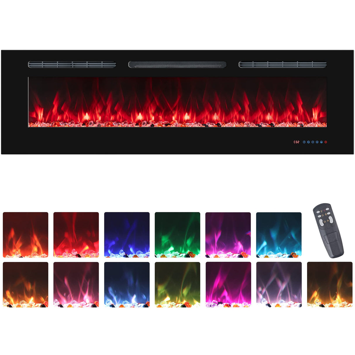 VINEMOUNT 60'' Electric Fireplaces Inserts, Recessed & Wall-Mounted Fireplace Heater with Thermostat, Multicolor Flames,Timer, Log & Crystal, 750/1500W, Black VINEMOUNT