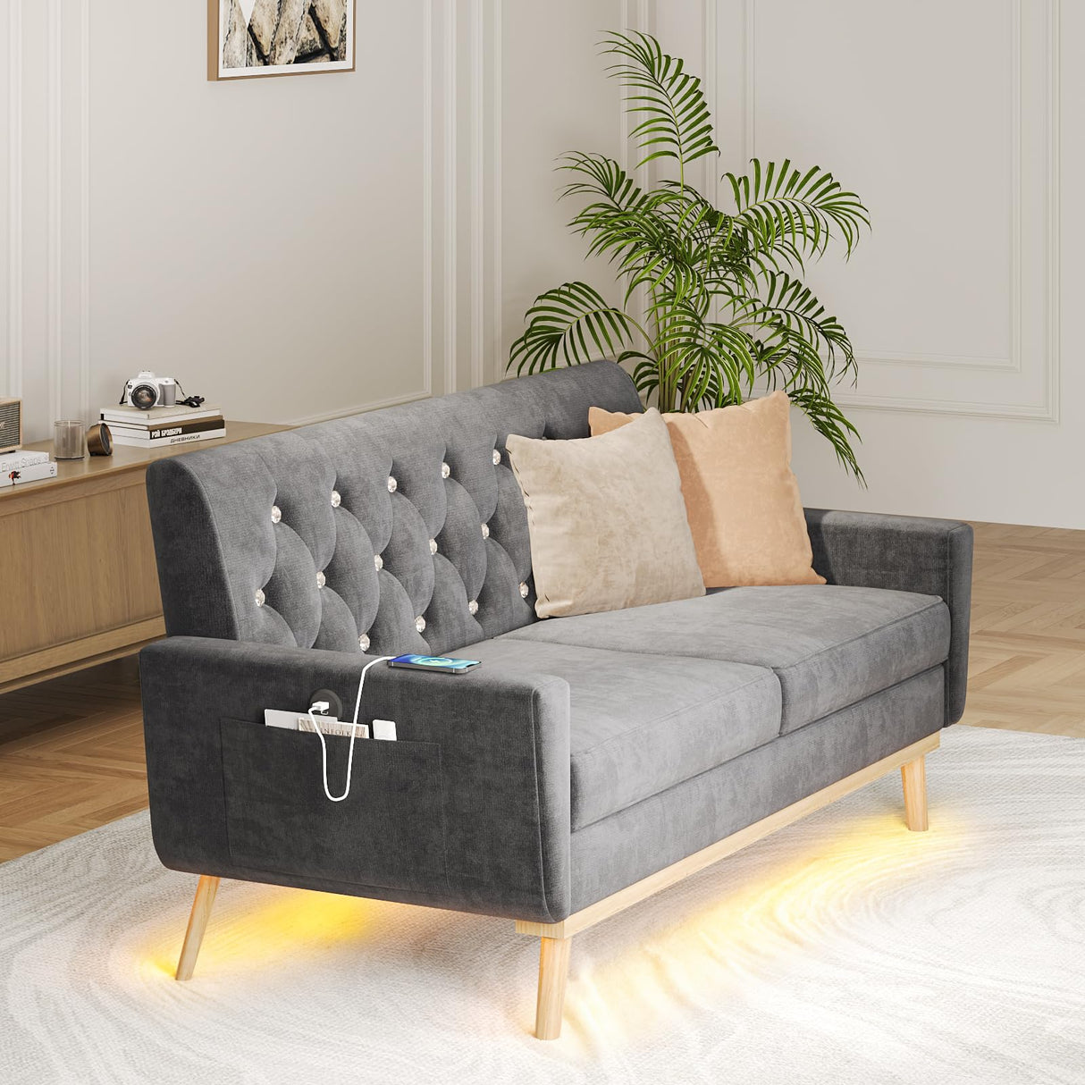 Fameill 65" Loveseat Sofa Couch, Mid Century Modern Love Seat Small Couch with Soft Cushion, LED Light, Crystal Button Tufted, Upholstered Comfy Small Couch for Living Room, Bedroom Fameill