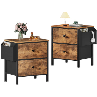 BOLUO Nightstands Set of 2 with Drawers, Small Night Stand with Pocket 2 Drawer Dresser for Bedroom Set End Table Brown