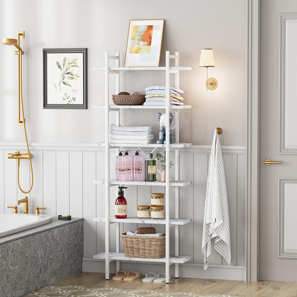 Azheruol Bookshelf 6 Tiers White Wooden Storage Shelf,Modern Open Display Storage Bookcase Book Organizer,Metal Bookshelf Standing Storage Shelf Tall Shelving Units for Home Office Study Azheruol