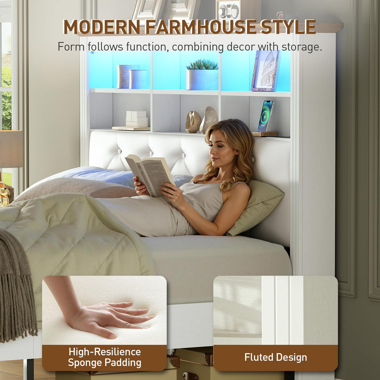 RALGEND Farmhouse Full Size Bed Frame with 51.2" Tall Storage Headboard, Upholstered Platform Bed Frame with Bookcase Headboard and LED Light, No Box Spring Needed, White and Walnut RALGEND