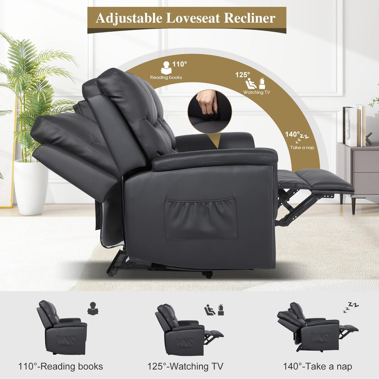 RIHEREFY RV Loveseat Recliner, Double Recliner with Adjustable Footrest/Cup Holder/Side Pocket, RV Wall Hugger Reclining Loveseat, 2-Seater Reclining Sofa Couch for Living Room & Home Theater RIHEREFY