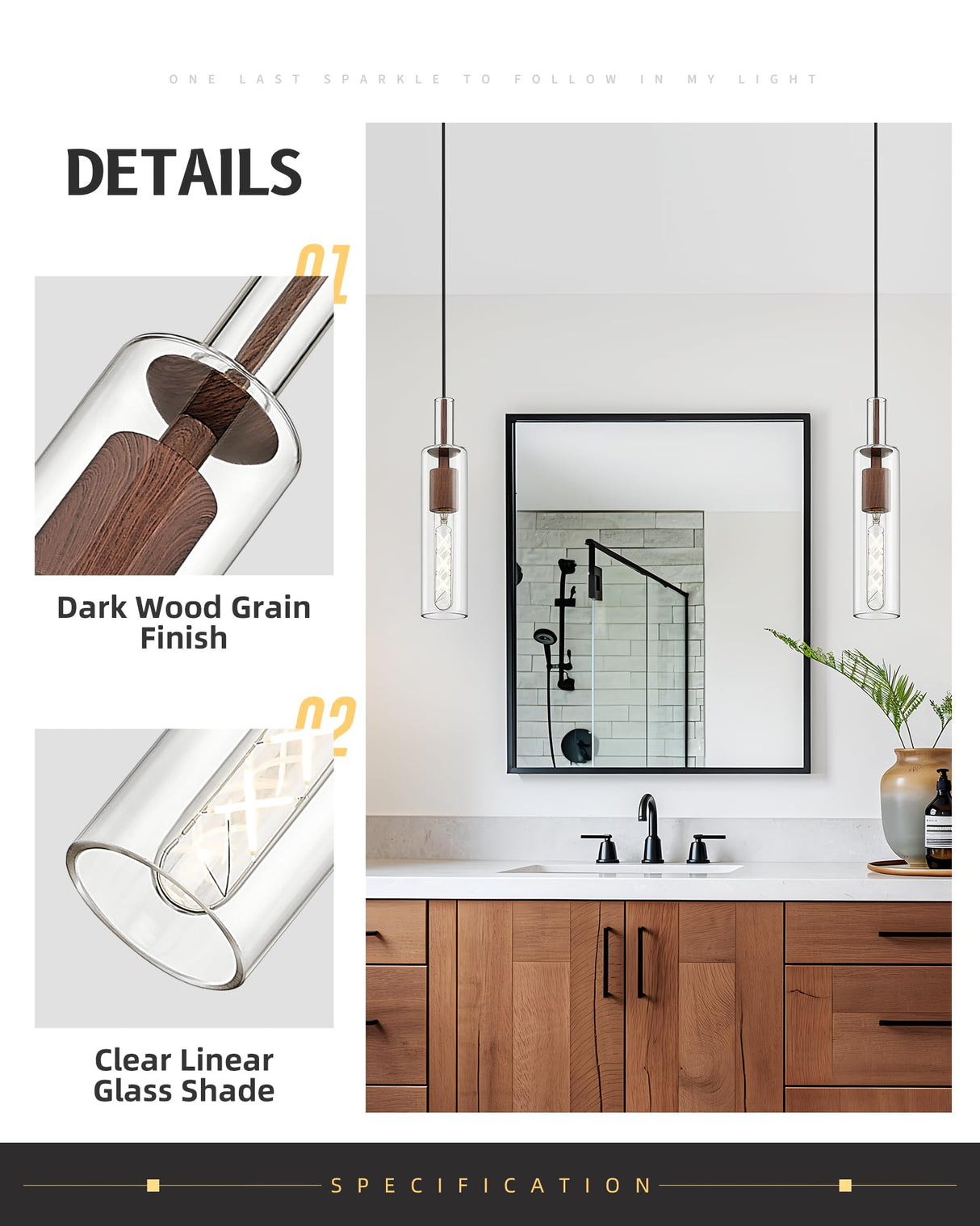 AUTELO Farmhouse Pendant Lights Kitchen Island, 1-Light Pendant Light Fixtures, Dark Wood Grain Hanging Lamp with Clear Cylinder Glass, Pendant Lighting for Kitchen Island, Dining Room, H3875 DW AUTELO