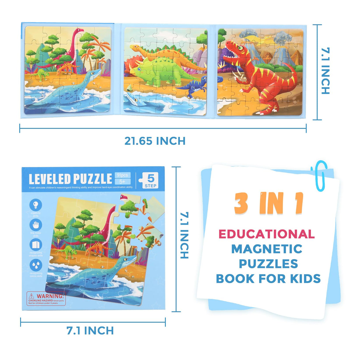 Magnetic Puzzles for Kids Ages 4-8, 3 in 1 Dinosaurs Magnet Jigsaw Puzzle Book, Kids Travel Puzzles Toys, Preschool Learning Toy for Kids 3-8 Year (Dinosaurs) EREBADI
