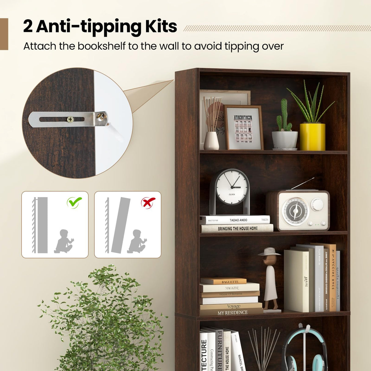 Giantex 6-Tier Bookcase, 70" Tall Wooden Bookshelf, Freestanding Storage Organizer w/Open Shelves, Anti-Tipping Kits, Modern Floor Standing Display Shelves for Living Room, Bedroom (1,Rustic Brown) Giantex