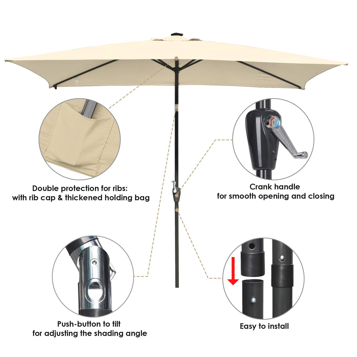 Yescom 10x6.5ft Outdoor Rectangle Solar Powered LED Lighted Patio Umbrella with Crank Tilt for Table Market Beach Pool Yescom