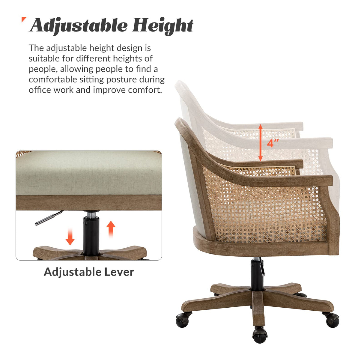 HULALA HOME Rattan Desk Chair, Upholstered Home Office Chair, Vintage Office Chair with Armrest, Adjustable Swivel Rolling Height Task Chair for Living Room Bedroom Study Room, Linen HULALA HOME