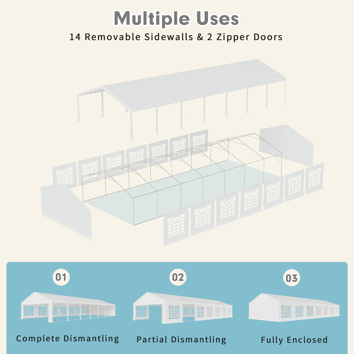 EROMMY 20x50ft Party Tent, Outdoor Wedding Tent, Heavy Duty Large Canopy Carport with Removable Sidewalls, 2 Roll-up Doors, 5 Storage Bags, Gazebo Shelter Tent for Party Event Commercials, White EROMMY