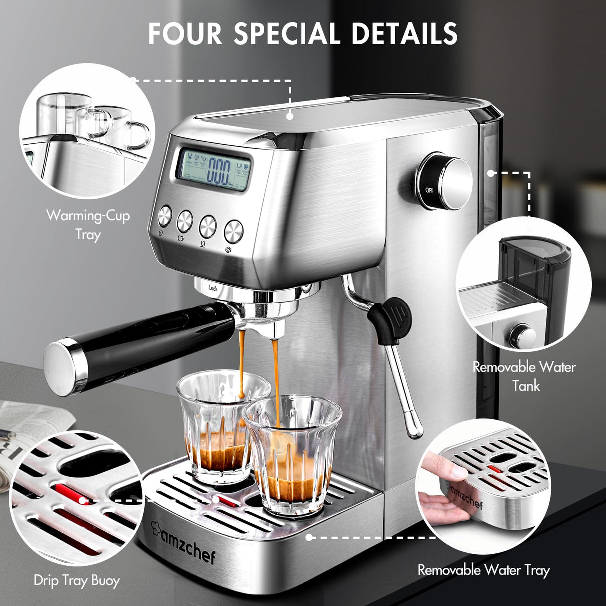 AMZCHEF Espresso Machines 20 Bar, Espresso Maker with Milk Frother & LCD Panel, Adjustable Temp, Compact Cappuccino Machines for Home and Friends Gifts AMZCHEF