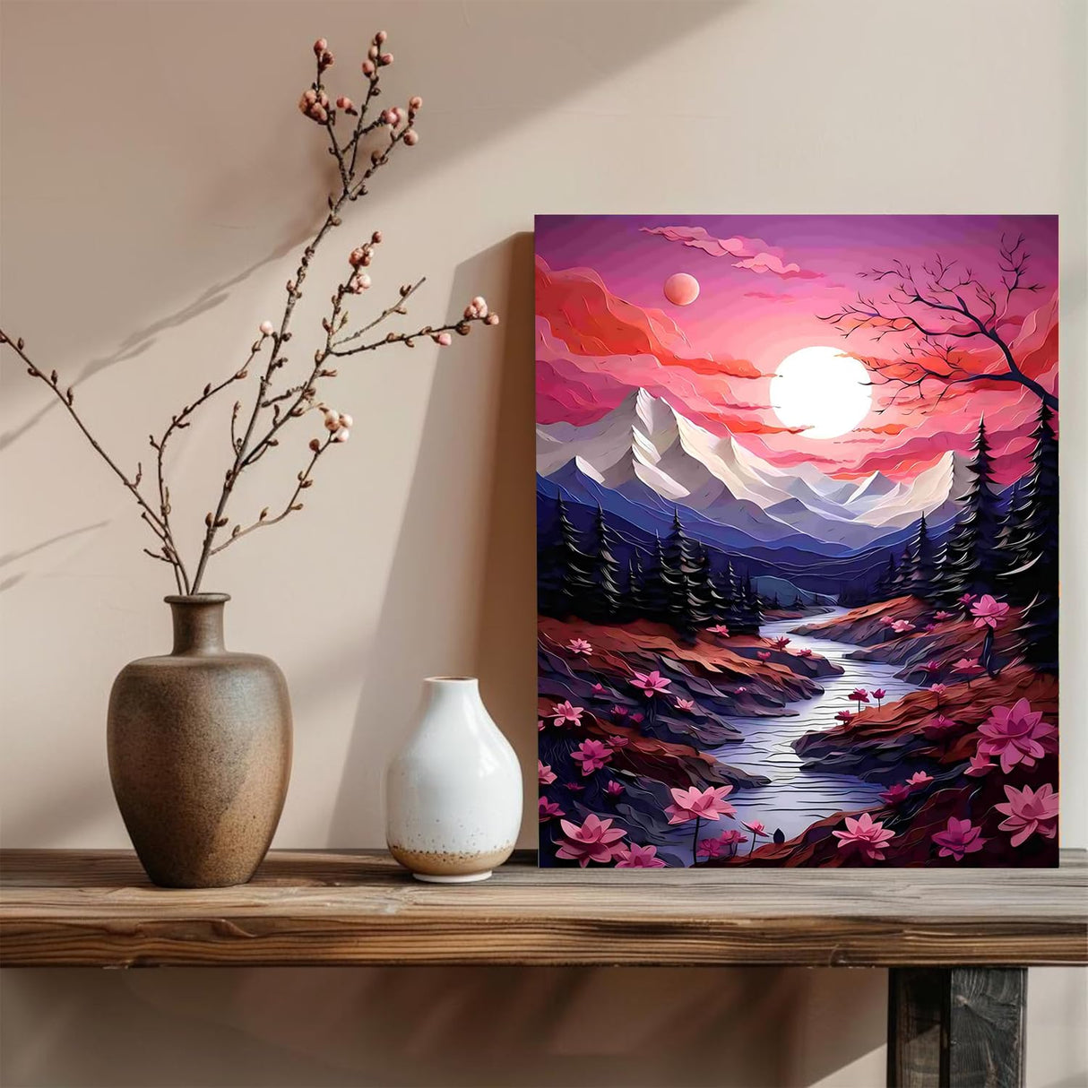 xcemhil Paint by Numbers Kit for Adults Landscape, Paint by Number Moutain and Moon, Pink Landscape Paint by Numbers Kit for Adults Beginner for Gift and Home Wall Decor 16x20 Inch xcemhil