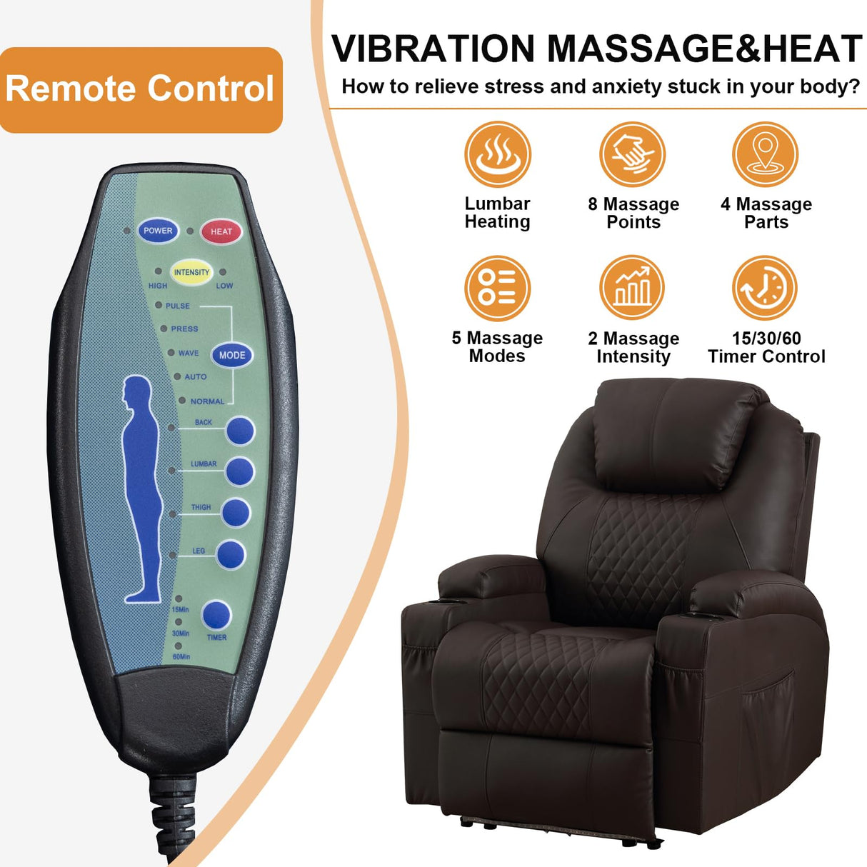 AHMED Power Recliner Chair with Vibration Massage & Heat for Adults, Faux Leather Home Theater Seating with Cup Holders/LED Lights/USB Ports/Side Pockets for Living Room, Brown AHMED