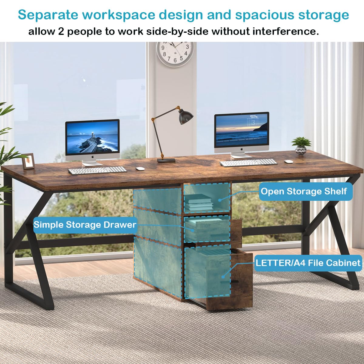 IBF 79" Two Person Office Desk,Large Double Long Pc Desk with File Drawer, 2 Person Computer Desk with Storage Cabinet Shelf, Industrial Wood Modern Work Dual Computer Table for Home, Rustic Brown IBF
