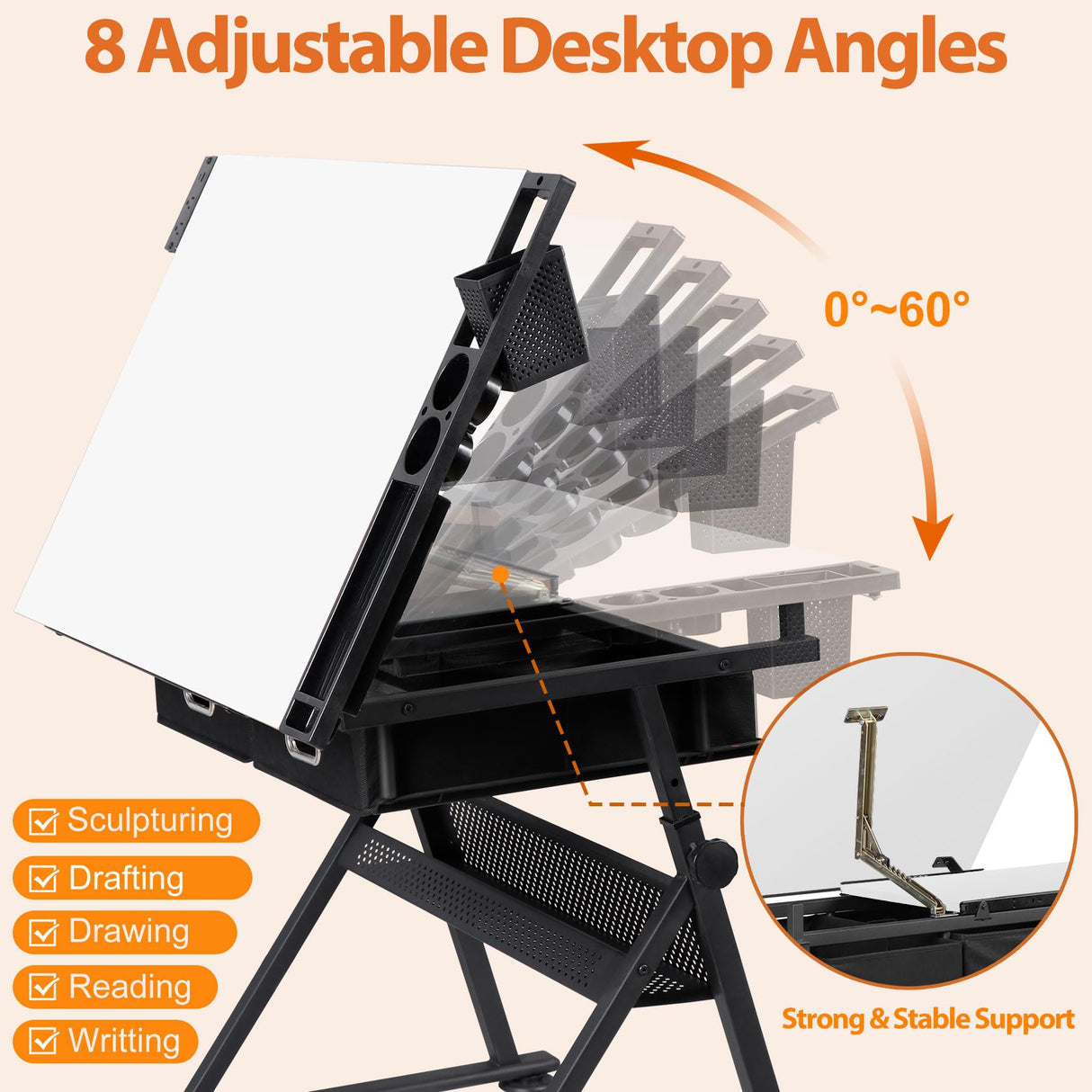SUPER DEAL Adjustable Drafting Table Set with Charging Station, Tilting Drawing Desk Artist Desk with Stool Multifunctional Art Craft Workstation with 2 Storage Drawers, White SUPER DEAL