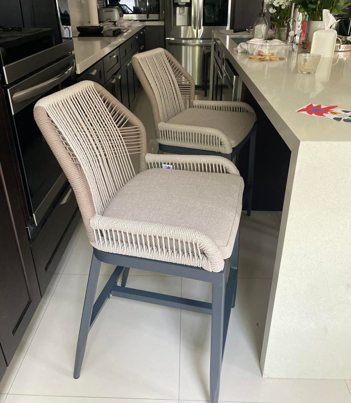 PURPLE LEAF Counter Height Bar Stools Set of 2 Rattan Wicker Outdoor Metal Boho Barstools with Back and Footrest Patio Garden Balcony Pool Bar Chairs PURPLE LEAF