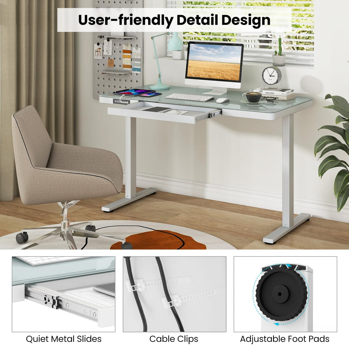 Tangkula Glass Standing Desk with Drawer, 48” x 24” Height Adjustable Electric Stand Up Desk with Tempered Glass Top, Sit Stand Desk with Memory Positions & USB Type-C Outlets for Home Office (White) Tangkula