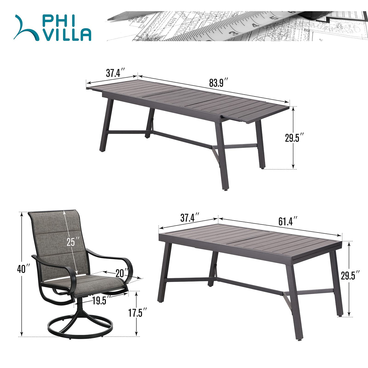 PHI VILLA 9 PCS Patio Dining Set, 8 Padded Swivel Dining Chair with Quick-Dry Cotton and 1 Extandable Metal Table,E-Coating for Rustproof for Outside, Poolside PHI VILLA