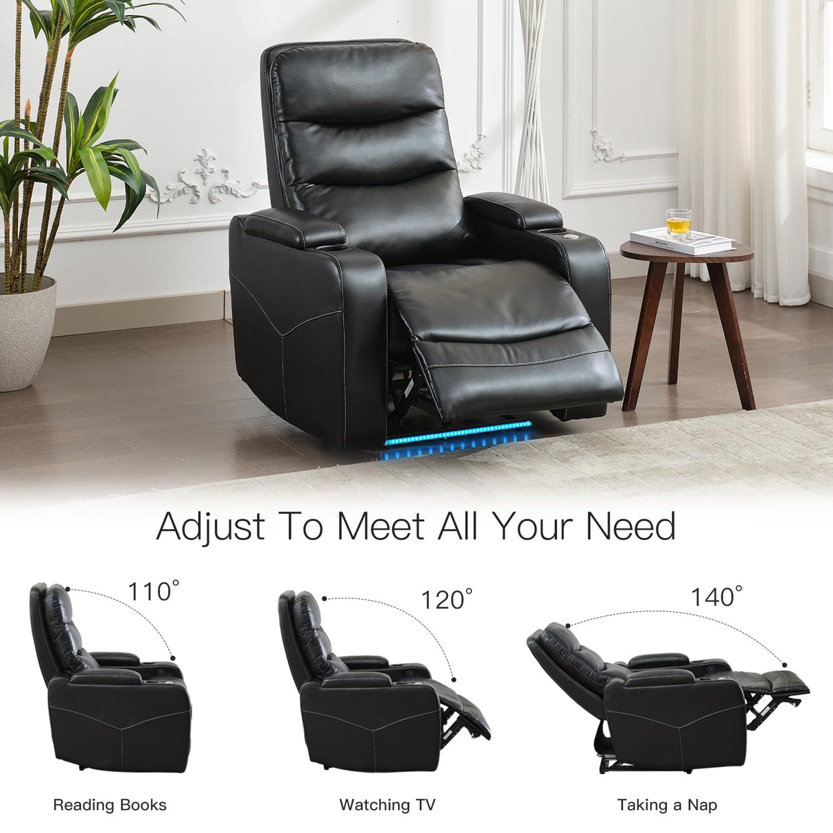 Electric Power Recliner Chair with LED Lights, Home Theater Seating with Swivel Tray Table, Faux Leather Recline Single Sofa Chair for Living Room with Hidden Arm Storage, Cup Holders, Black, 1 Piece Comfort Stretch