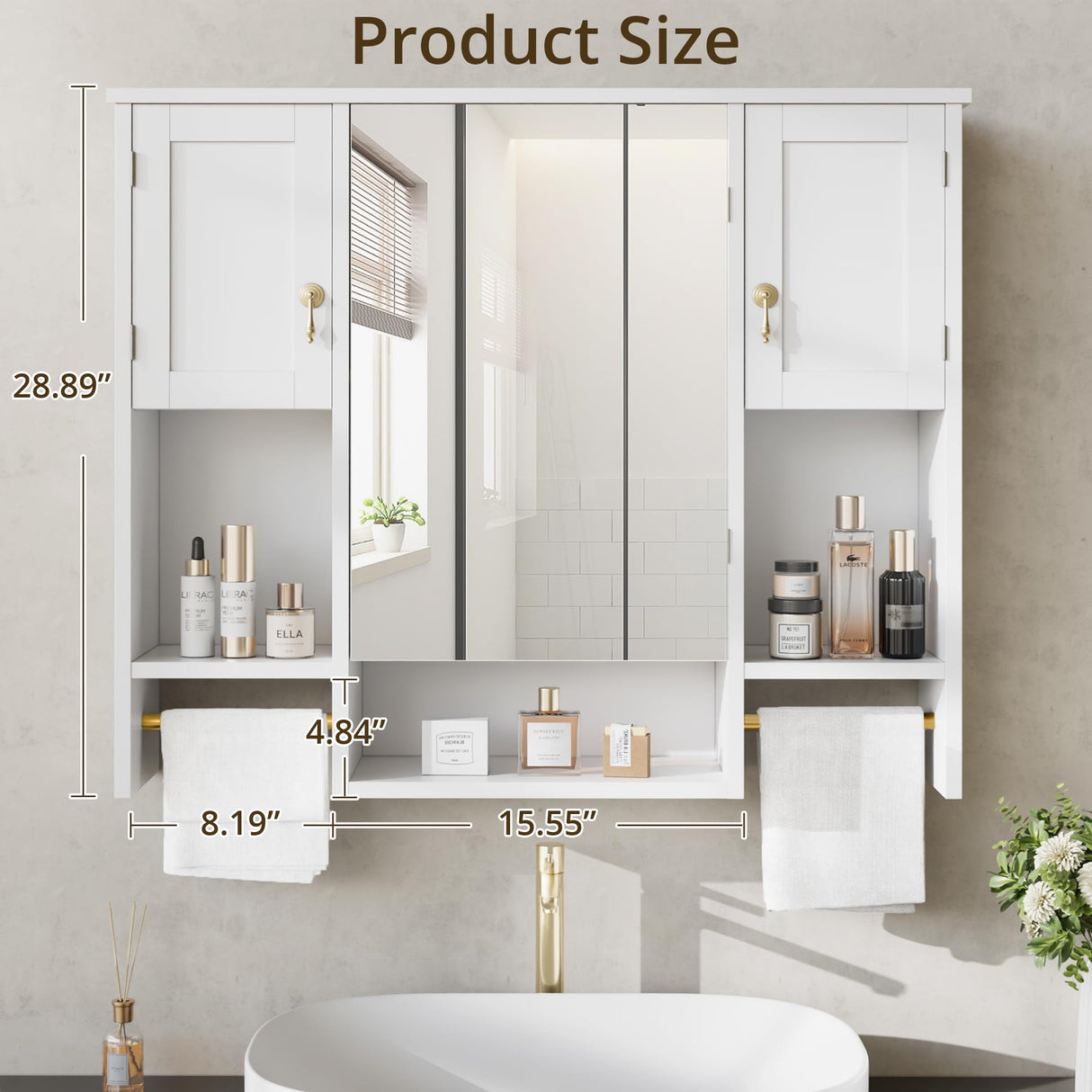 VECELO Bathroom Wall Cabinet with Mirror, Wall Mounted Medicine Cabinet with Open Shelves, 2 Towels Bars for Bathroom Laundry Room Kitchen, 35.04 * 7.09 Inches, Gold VECELO
