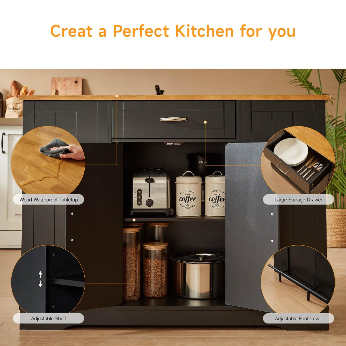 ONBRILL Stationary Kitchen Islands Include 2 Chairs, 47" Kitchen Island with Drop Leaf, Home Bar Table with Spice Rack & with Trash Cabinet, Island Table for Dining Room with Power Outlet, Black ONBRILL