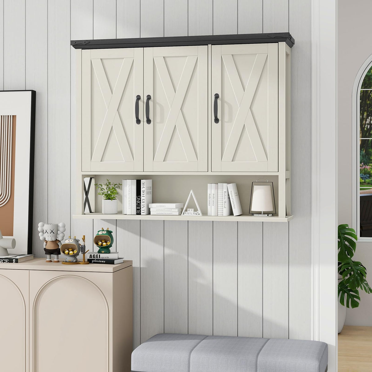 Halitaa Bathroom Wall Cabinet, Farmhouse Medicine Cabinet with Adjustable Wood Shelf & 3 Doors, Over The Toilet Storage Cabinet for Wall Mounted for Bathroom Laundry Room Kitchen, White and Black Halitaa