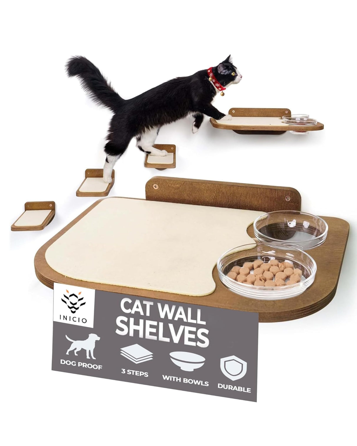 INICIO Cat Wall Shelves – Dog Proof Feeding Station with Wall Mounted Shelves, Durable 3 Step Birch Floating Shelf for Cats Up to 17lbs, Includes Attached Cat Food Bowl for Convenient Feeding – Brown INICIO