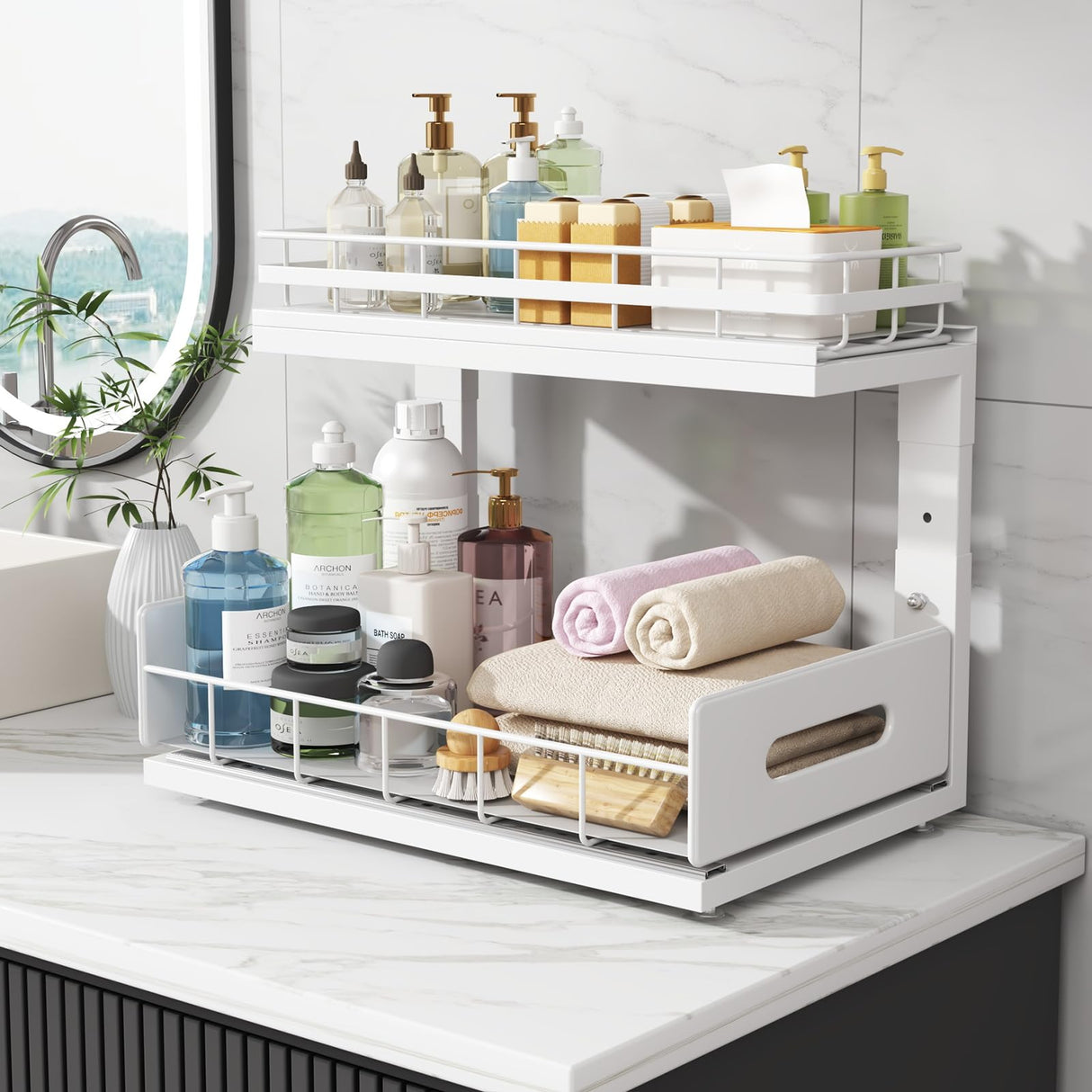 Biboraya 2 Pack Under Sink Organizer with Smooth Ball Bearing Slides,2-Tier Pull Out Cabinet Storage,Slide Out Drawers for Bathroom&Kitchen,Under Sink Shelf,Rust-resistant Coating,Height Adjustable Biboraya