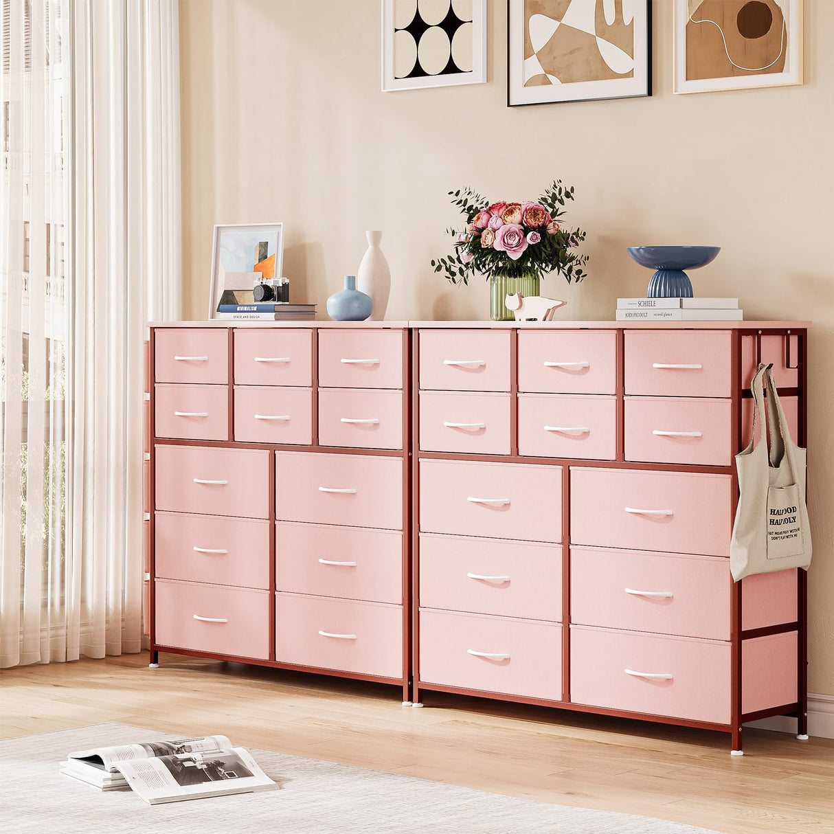 12 Dresser for Bedroom, Chest of Drawers for Bedroom with Side Pockets and Hooks, Fabric Storage Dresser, Sturdy Steel Frame, Wood Top, Easy Pull Handle (Pink) Jojoka