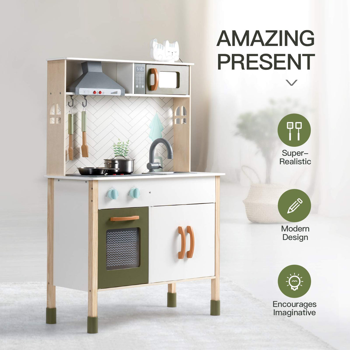 ROBUD Wooden Play Kitchen Set for Kids Toddlers, Pretend Toys Kitchen Gift for Girls Boys 27.6 x 11.6 x 40.6 inches ROBUD