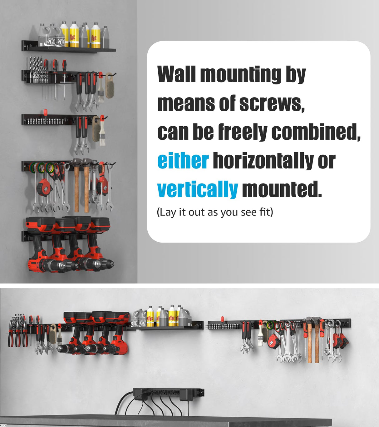 CCCEI 5PCS Individual Pegboard Strip with Power Outlet. Garage All Metal Wall Mount Mini Black Peg Board Set, for Drill and Tools Battery Holder Kit, Cleaning Supplies Cabinet Organizer. Gift for Men CCCEI