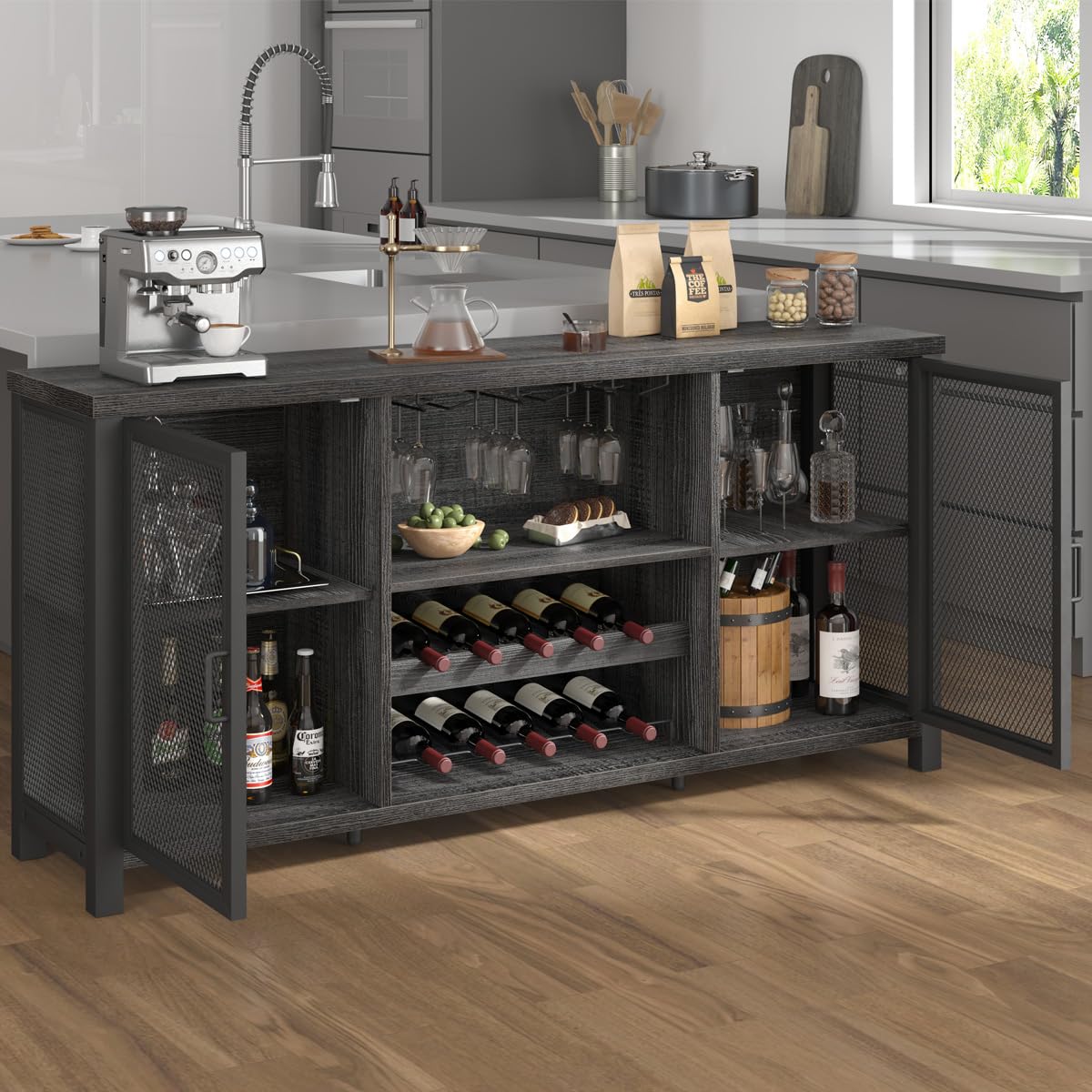 Launica Liquor Bar Cabinet, Industrial Wine Bar Cabinet, Rustic Sideboard Buffet Cabinet for Liquor, Glasses & Coffee Bar with Storage Rack for Home Kitchen Dining Room, Dark Grey Oak, 55 In Launica