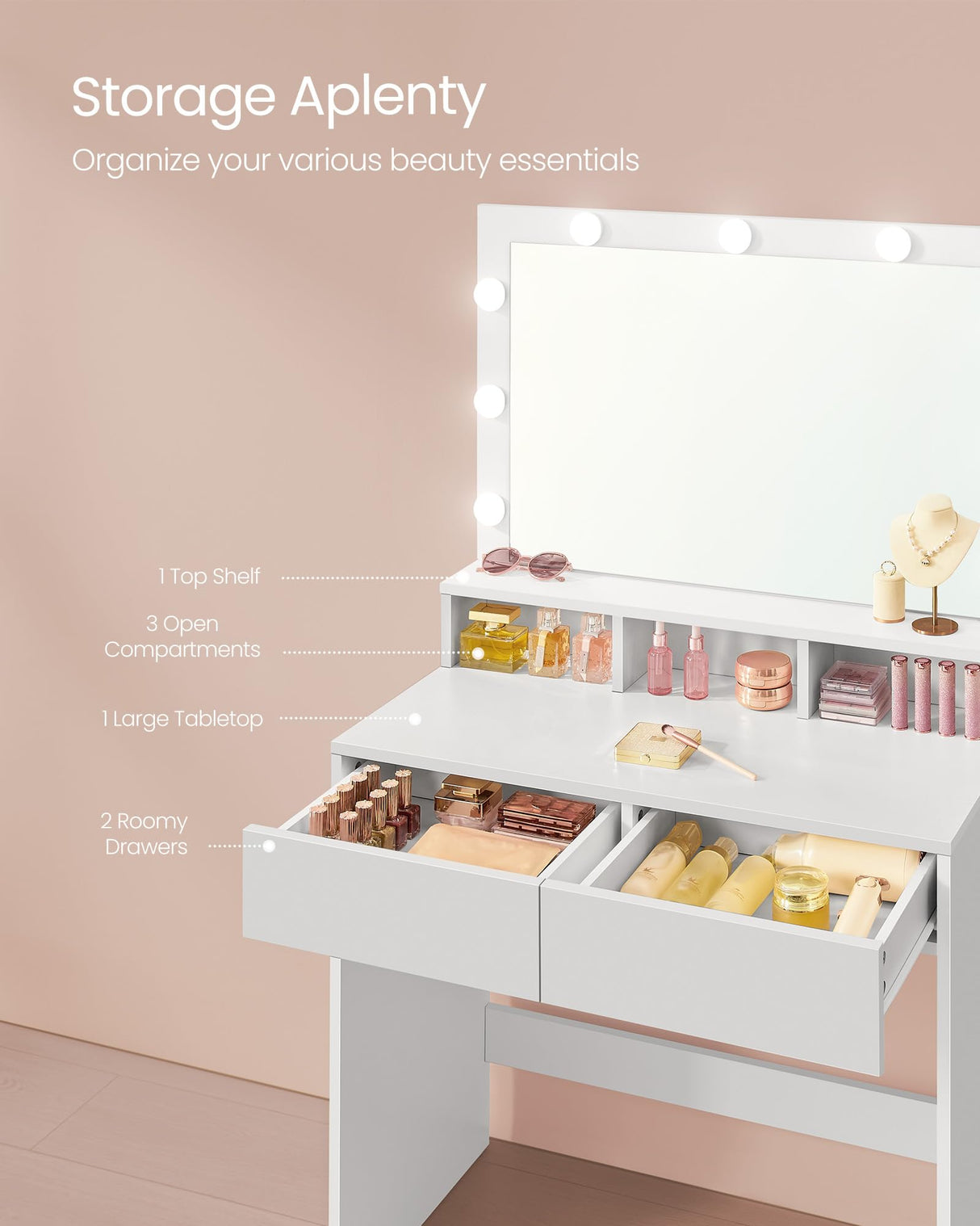 VASAGLE Vanity Desk with Mirror and Lights, Makeup Vanity with Upholstered Vanity Stool, 9 Dimmable LED Lights, 3 Compartments, 2 Drawers, for Bedroom, Cloud White URDT129W01 VASAGLE