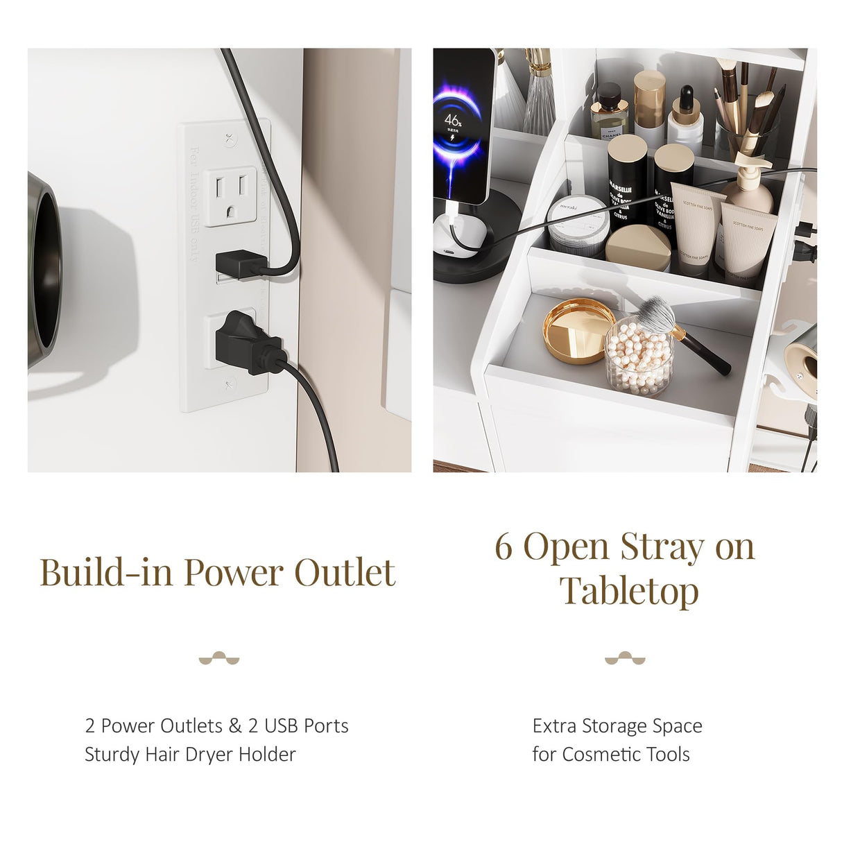 Vabches Large Makeup Vanity with 9 Drawers, Vanity Desk with Mirror and Lights,White and Gold Vanity Table with Charging Station for Bedroom Vabches