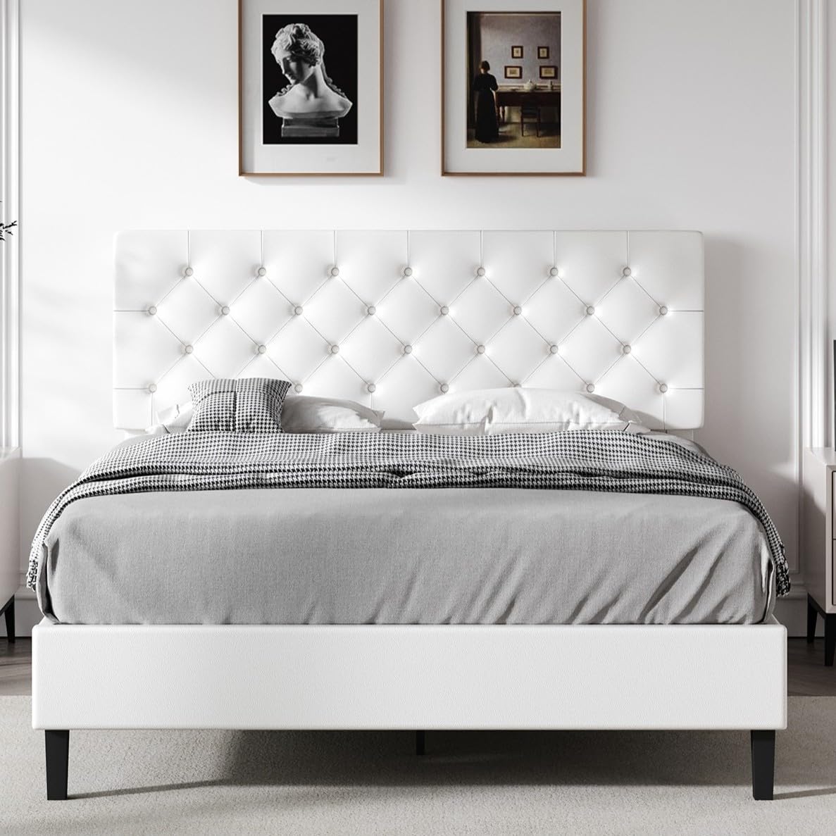 REVOMINCA Full Bed Frame with Headboard, Faux Leather Upholstered Platform Bed Frame, White Bed Frame Full Size, Wooden Slat Support, No Box Spring Needed, White REVOMINCA