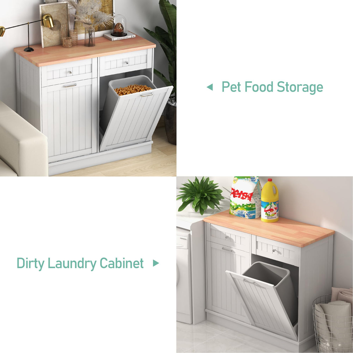 TOLEAD Double Tilt Out Trash Cabinet 20 Gallon,Antique-Style Beadboard Trash Can Cabinet Kitchen with Solid Wood Tabletop & Drawer, Pet Proof Trash Can, Wood Laundry Cabinet TOLEAD