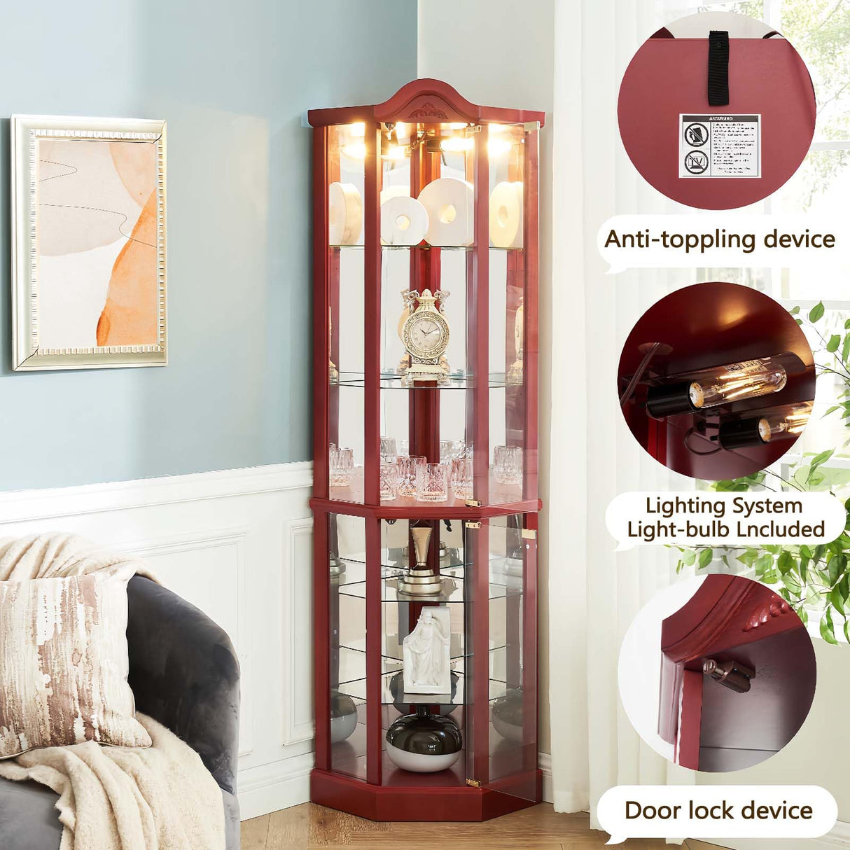 Firscook Curio Cabinet,Lighted Wooden Corner Curio Cabinet,Glass Display Curio Cabinet with Tempered Glass Doors and Shelves,6-Layer Wood Corner Cabinet, Glass Display Cabinet for Living Room(Cherry) Firscook