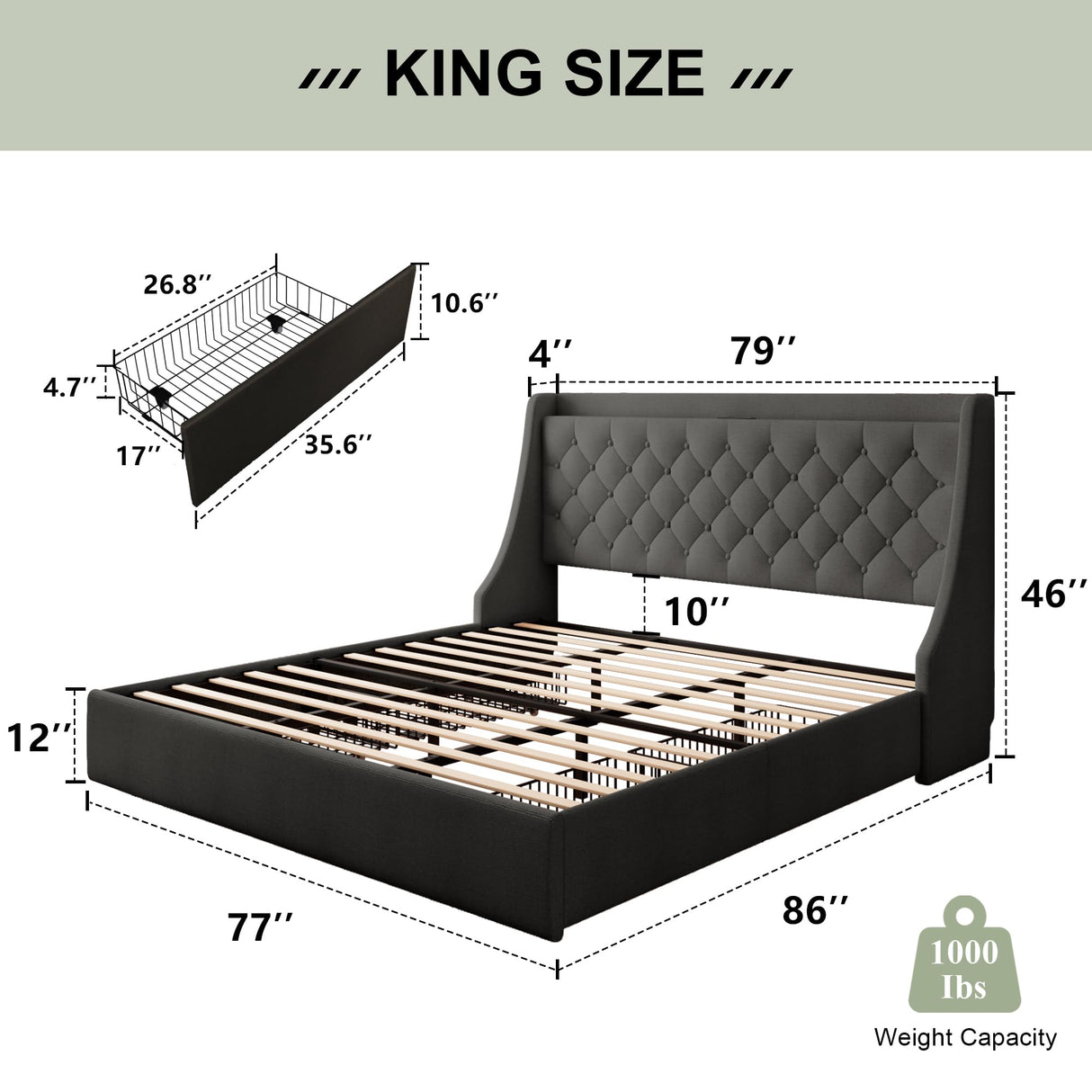 Feonase Upholstered King Size Bed Frame with 4 Storage Drawers, Large Wingback Headboard, No Box Spring Needed, Black Feonase