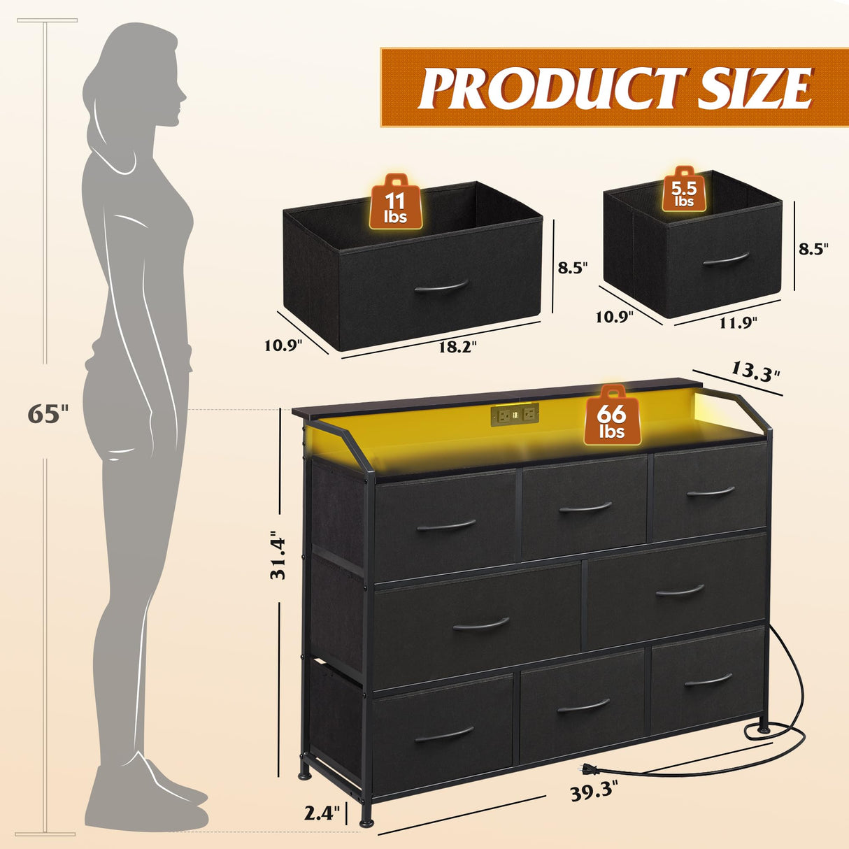 WLIVE Led Dresser for Bedroom, Black Dresser TV Stand for Bedroom with LED Lights and Power Outlet, Wide Chest of Drawers for Hallway, 8 Fabric Drawers for Living Room and Entryway, Easy to Assemble WLIVE