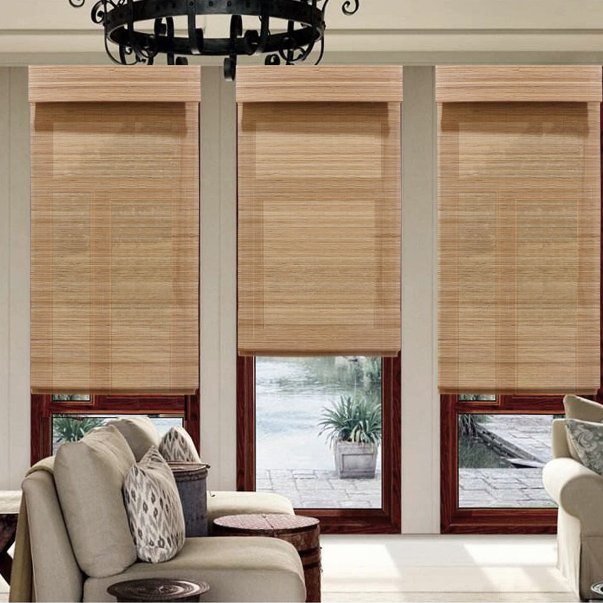 LANTIME Wood Cordless Roman Shades, Lined Blackout Bamboo Window Shades Blinds, Oak LANTIME