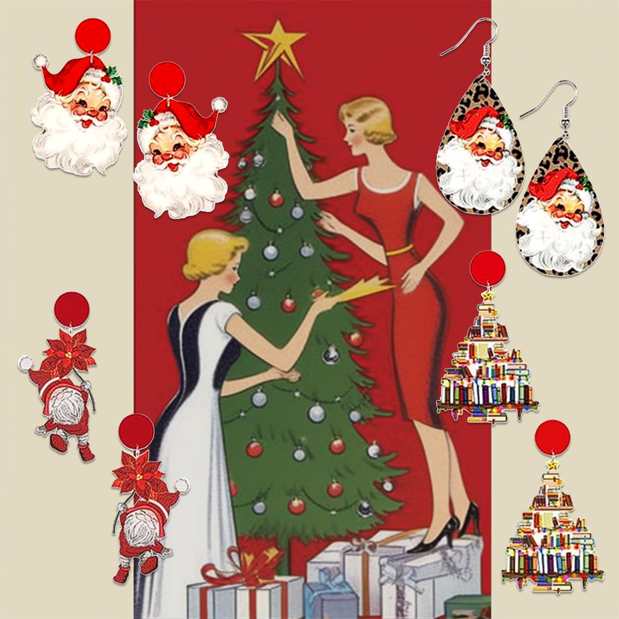 JeanBeau 4 Pairs Christmas Wooden Santa Dangle Drop Earrings Bulk for Women Cute Holiday Earrings Lightweight Wood Round Stud Xmas Book Decoration Accessories Jewelry Gift Jean Beau