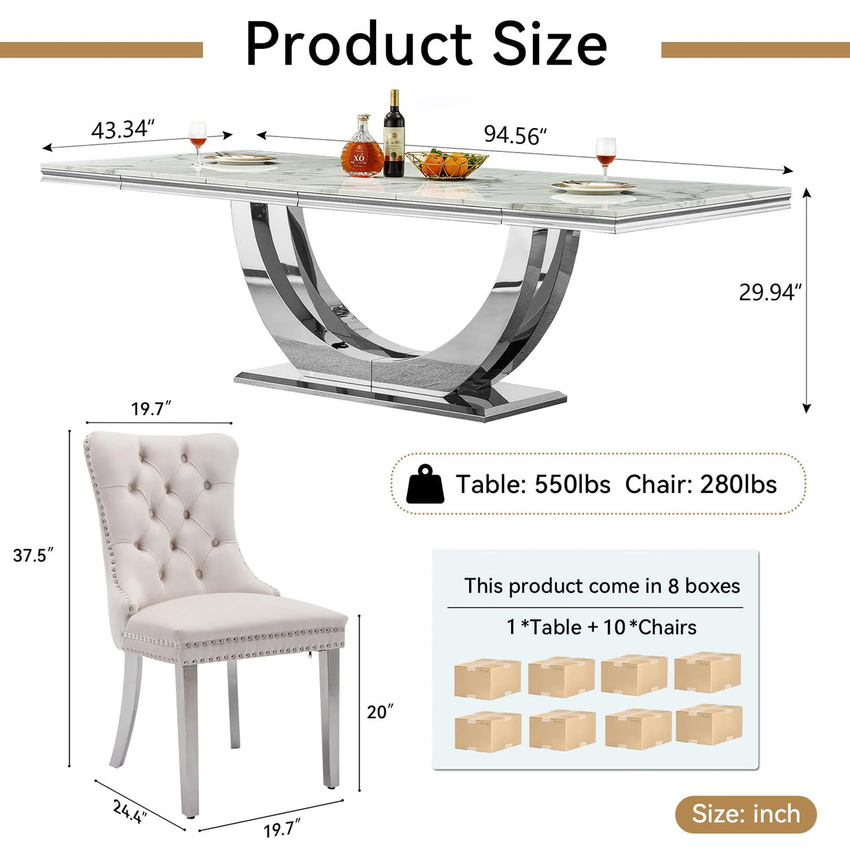 KUVADAZ 94" Modern White Silver Faux Marble Dining Room Table Set for 10, 11-Piece Rectangle Kitchen Dining Room Table Set with Dual U-Shaped Stainless Steel Legs and 10 Beige Velvet Dining Chairs KUVADAZ