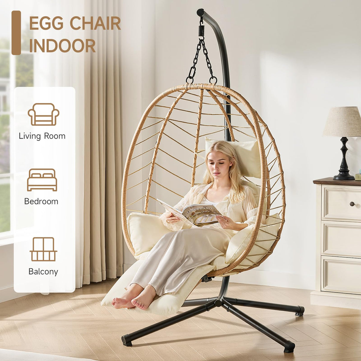 ONBRILL Hanging Egg Chair with Adjustable Footrest & Stand, Wicker Rattan Swing Hammock Chair with Cushion & Double Chains, 350LBS Capacity for Outdoor & Indoor Patio, Deck, Bedroom, Balcony (YE-BE) ONBRILL
