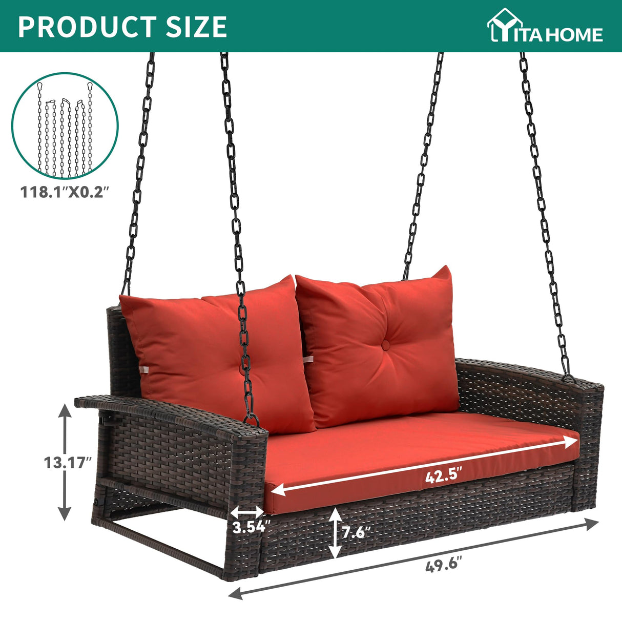 YITAHOME Wicker Hanging Porch Swing Chair Outdoor Brown Rattan Patio Swing Lounge w/ 2 Back Cushions Capacity 530lbs for Garden, Balcony, Living Room, Red YITAHOME