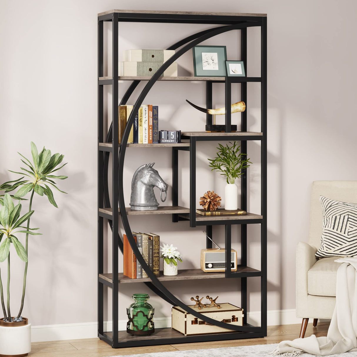 Industrial 5-Tier Etagere Bookcase by Tribesigns in Vintage Grey - Stylish Storage Solution for Home & Office Tribesigns