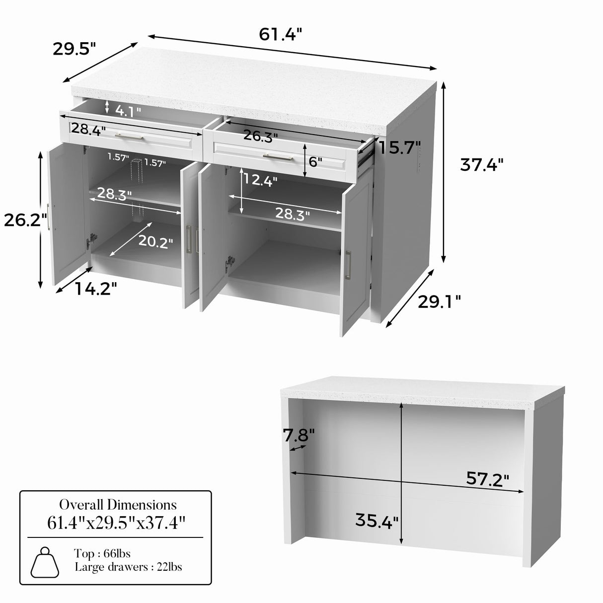 Homsee 61" W Large Kitchen Island with Charging Station, 2 Drawers and Adjustable Shelves, Modern Stationary Kitchen Prep Table Coffee Bar Cabinet for Dining Room, White Homsee