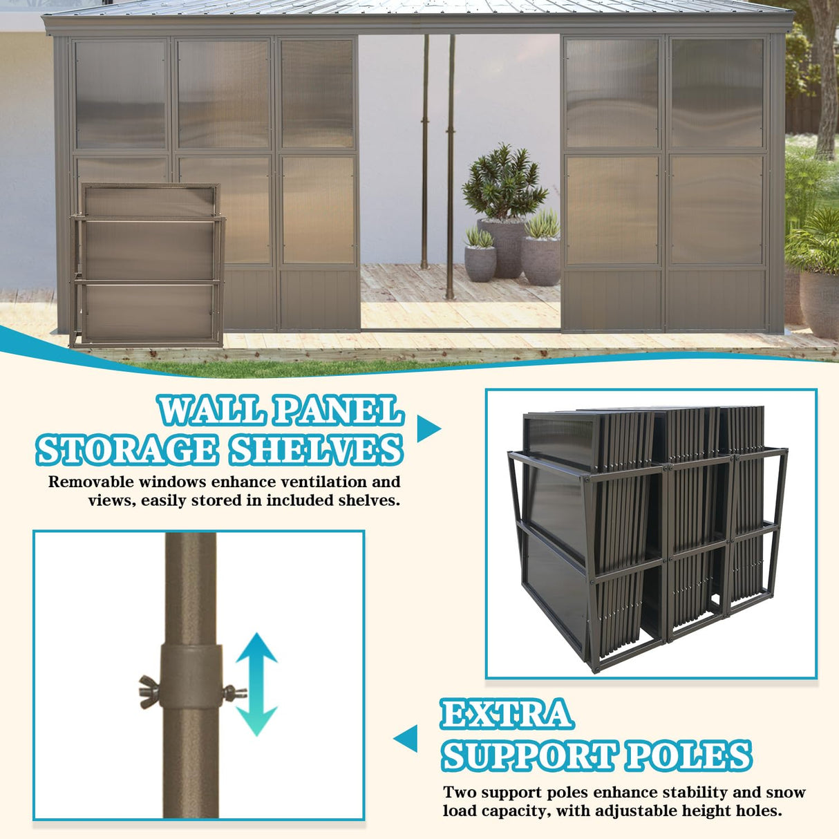 Domi 12x16FT Wall-Mounted Sunroom Gazebo, Aluminum Solarium with Galvanized Steel Sloping Roof, Detachable PC Screens, Front & 2 Side Sliding Doors, Outdoor Sun Room Lean to Gazebo for Patio Deck Lawn domi outdoor living