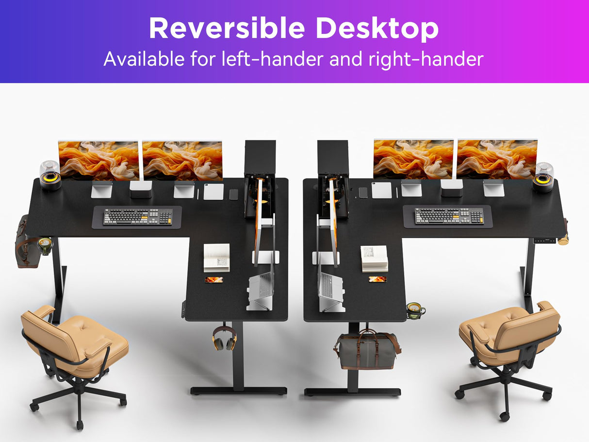 WALKINGDESK 63x55 Inches Reversible L Shaped Standing Desk, Height Adjustable With Cup Holder, Electric Corner Computer Workstation, Sit Stand up Home Office, Ergonomic Gaming, Black WALKINGDESK