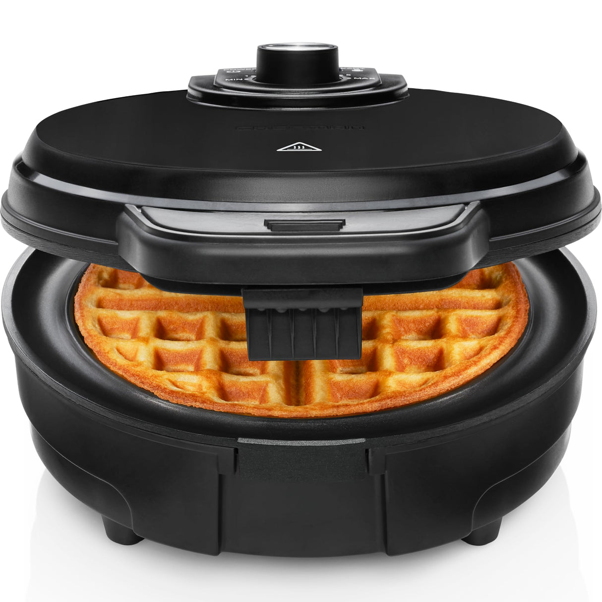 Chefman Anti-Overflow Belgian Waffle Maker w/Shade Selector, Temperature Control, Mess Free Moat, Round Iron w/Nonstick Plates & Cool Touch Handle, Measuring Cup Included, Black Chefman